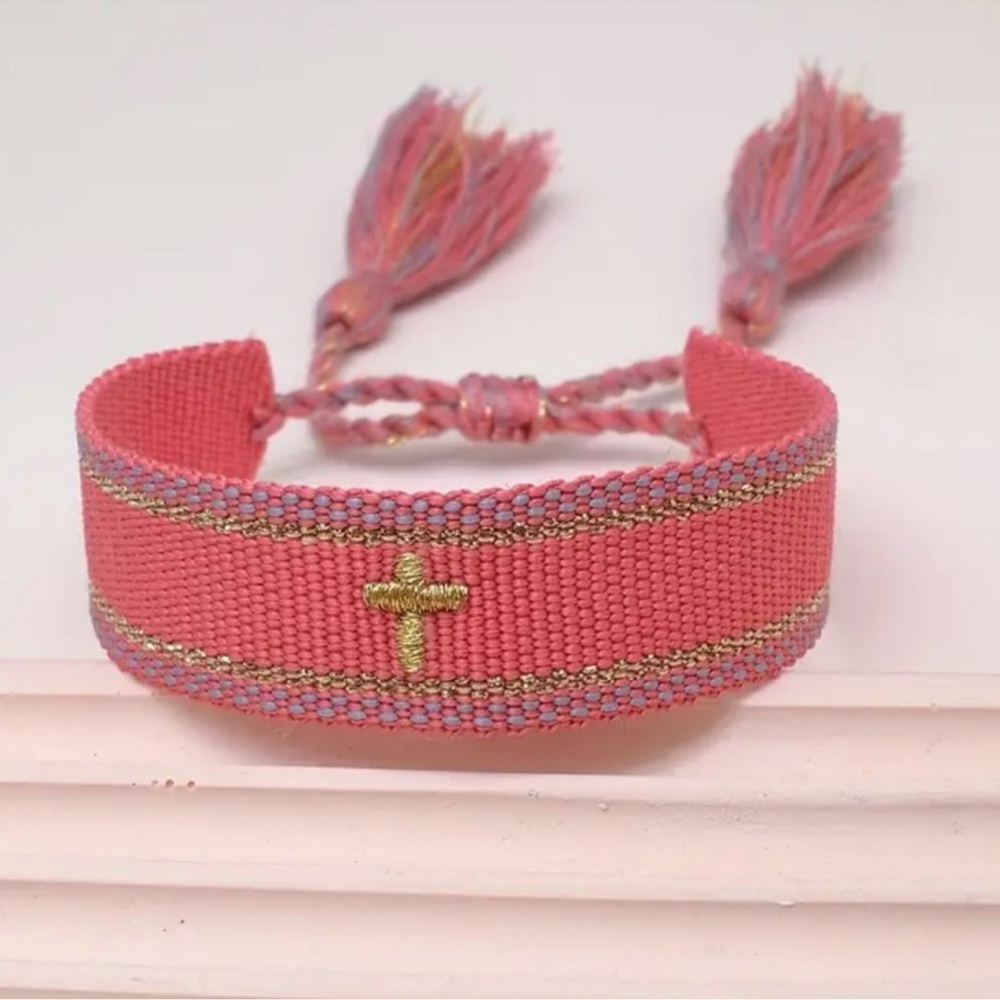 Pink Boho Embroidered Cross Tassel Bracelet
